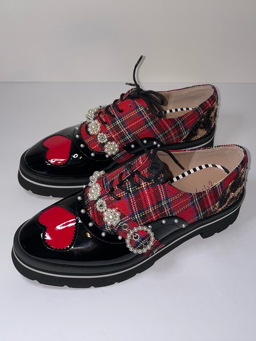 Betsey Johnson Simonee Red Plaid Heart Oxford Platform Loafers